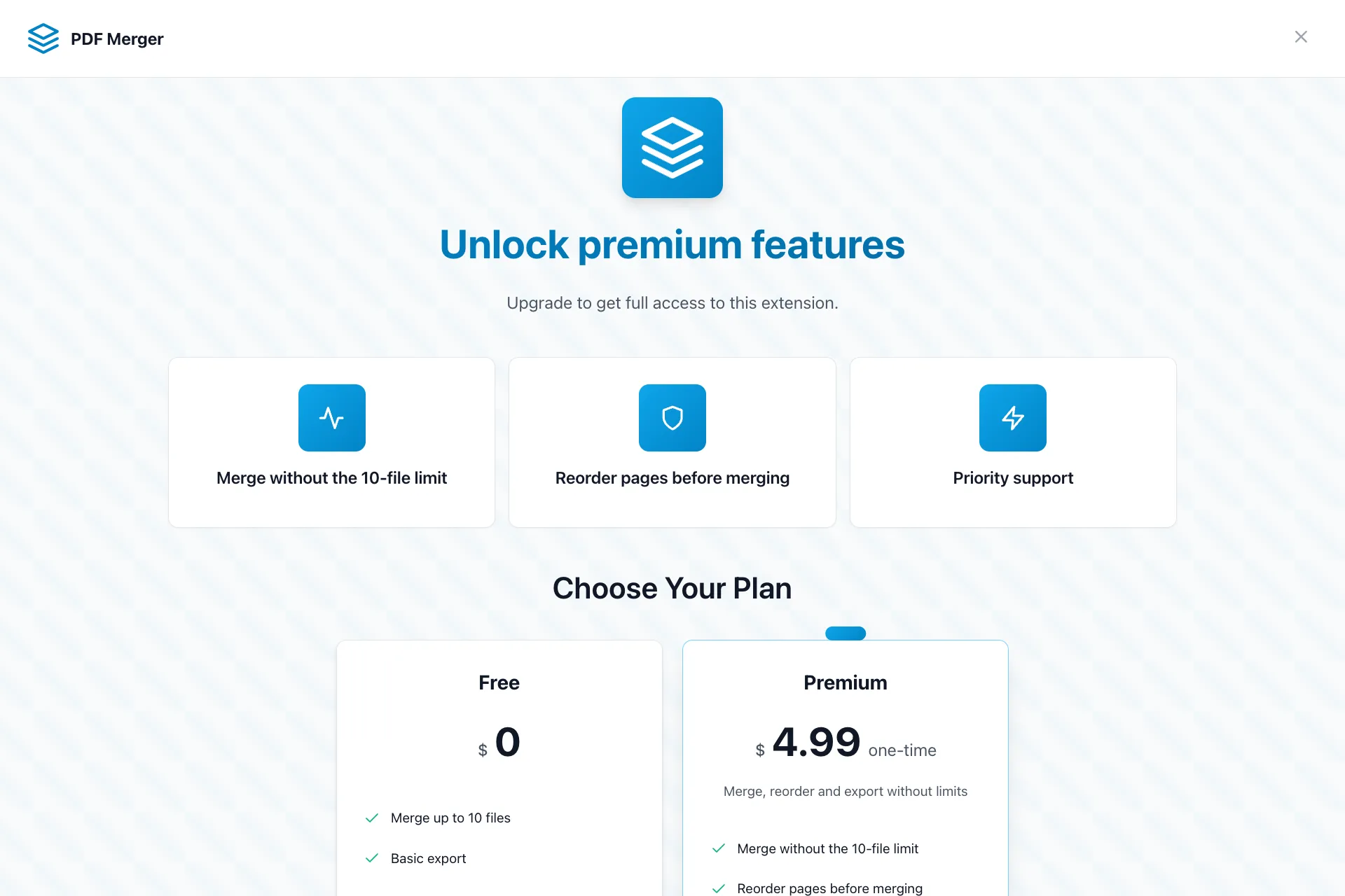 Fullscreen paywall: hero with feature cards and a plan comparison