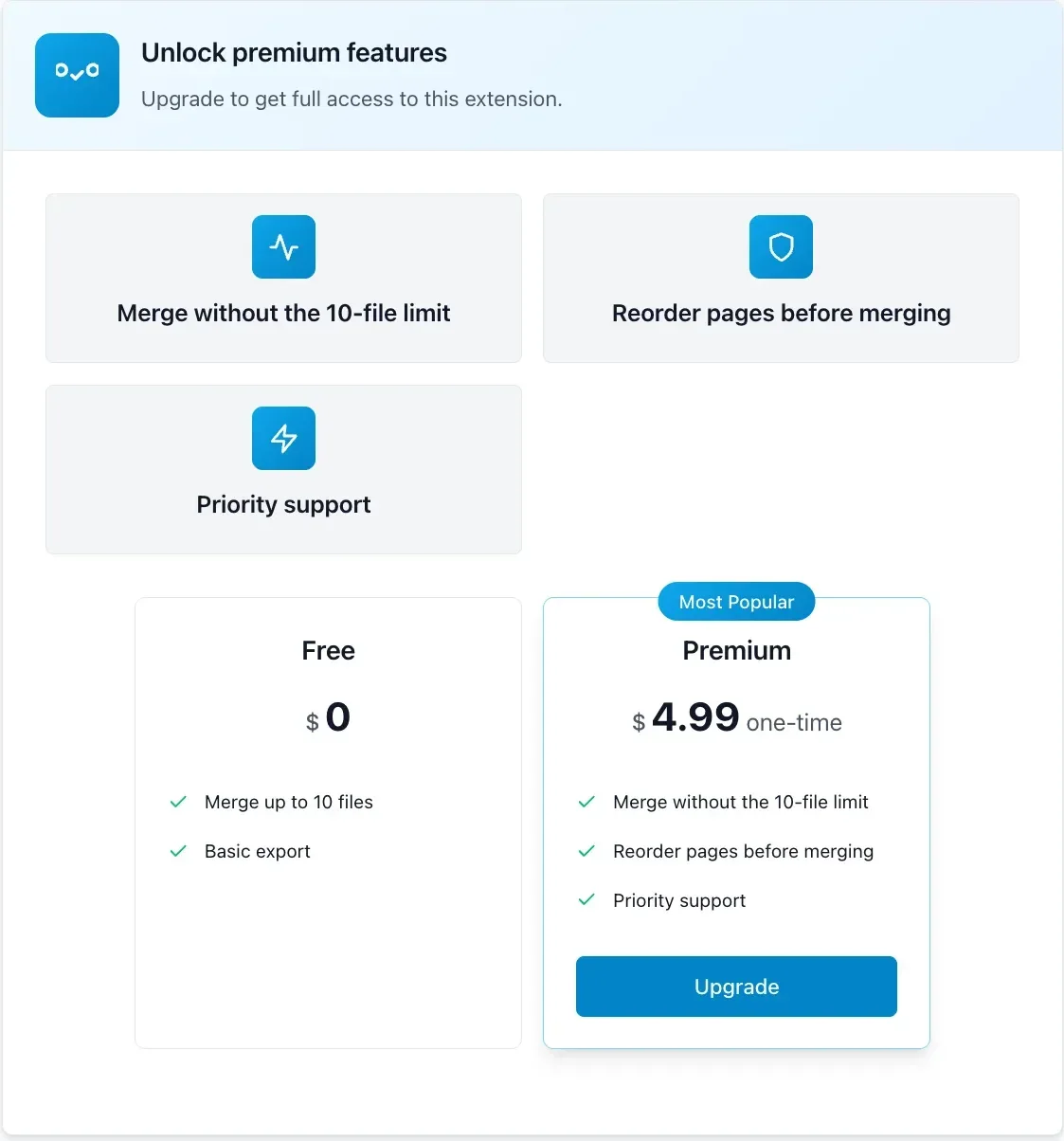 Inline paywall: feature tiles and a Free versus Premium plan comparison