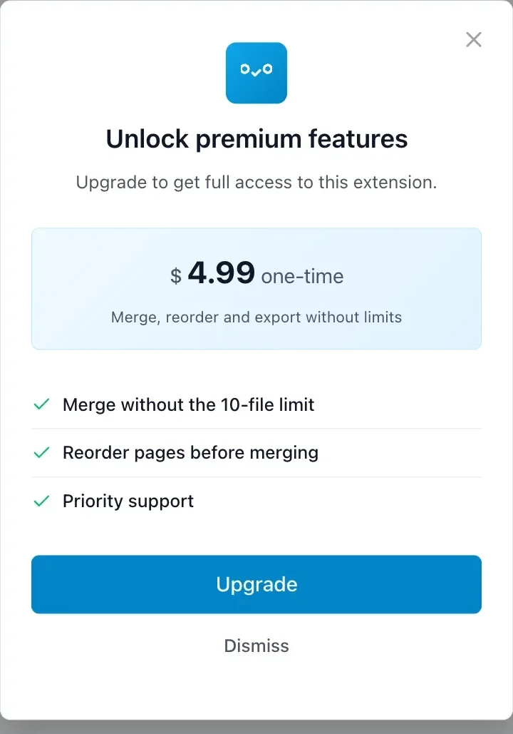 Minimal paywall: price, three features, Upgrade and Dismiss