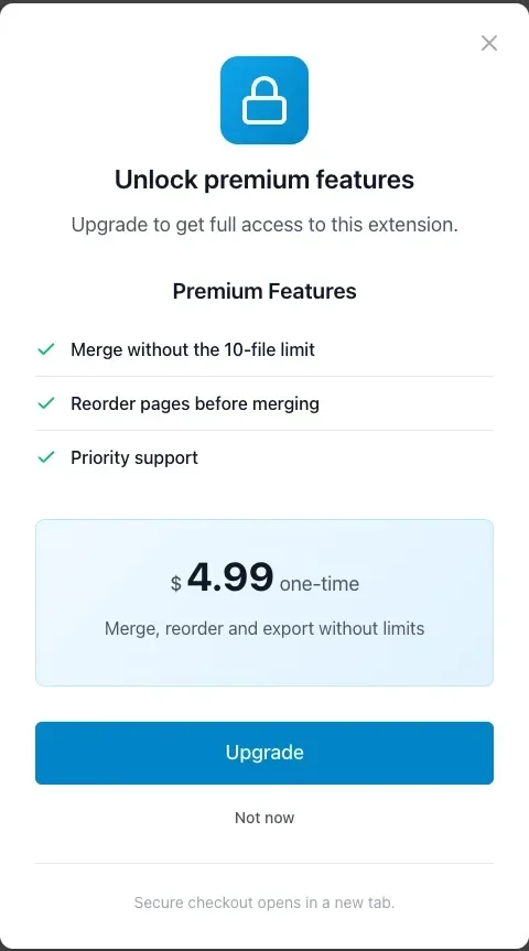 Modal paywall: lock icon, three features, $4.99 one-time, Upgrade button