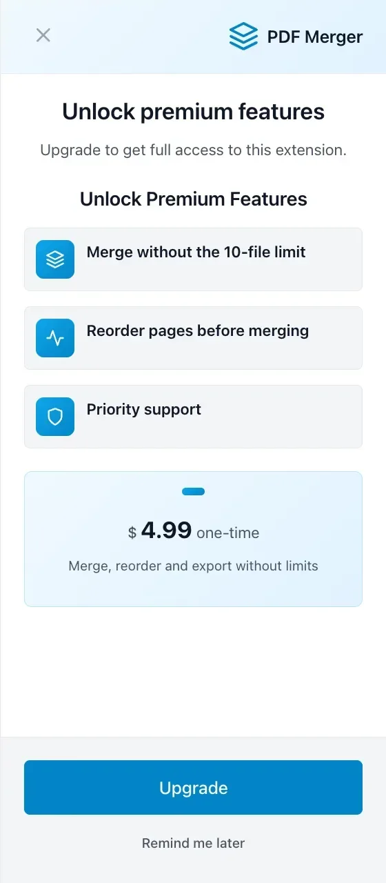 Sidebar paywall: brand header, three feature rows, price card, Upgrade button